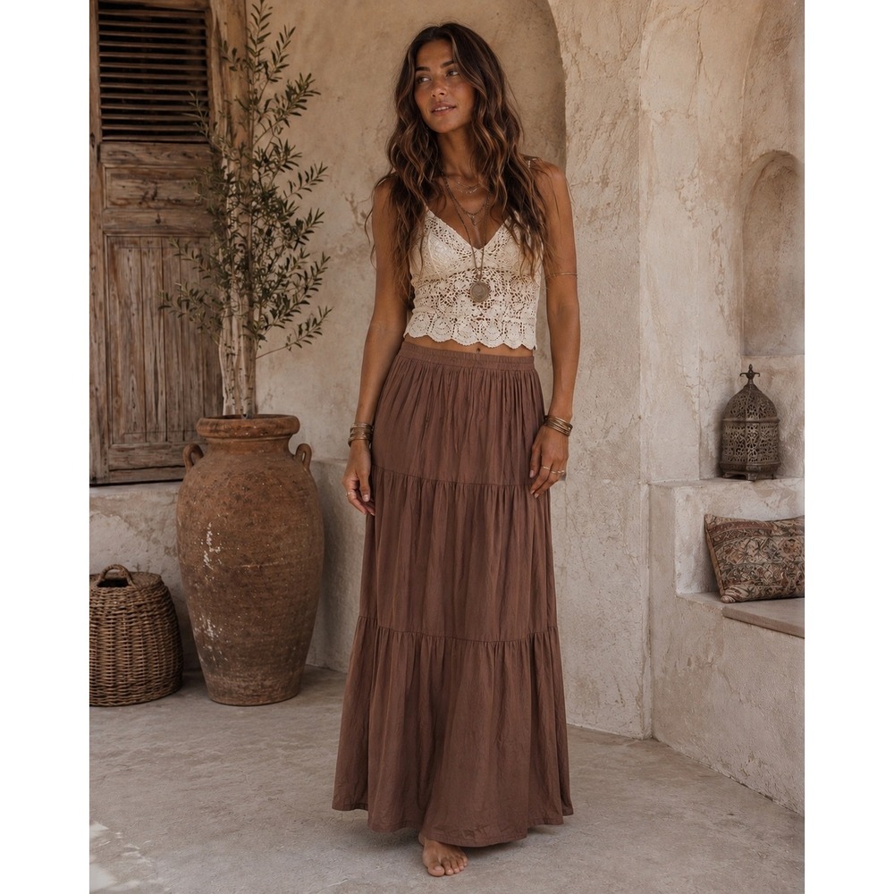 Cactus Flower Small Average Maxi Skirt Brown Tiered Boho Broomstick Rayon Boho
